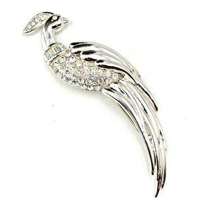 Vintage MONET Figural Bird of Paradise Baguette Rhinestone Silver Tone Brooch 4"